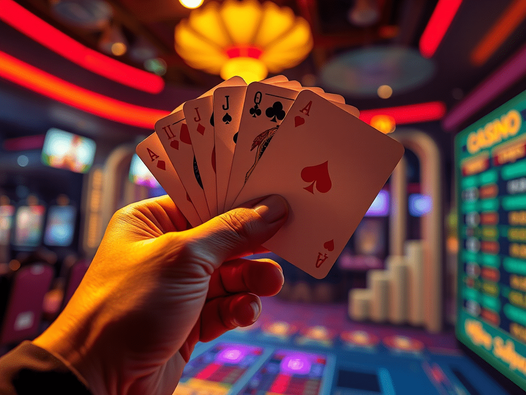 Cận cảnh người chơi cầm bộ bài đẹp chiến thắng trong trò chơi Phỏm Sunwin với hiệu ứng ánh sáng kỹ thuật số hiện đại.