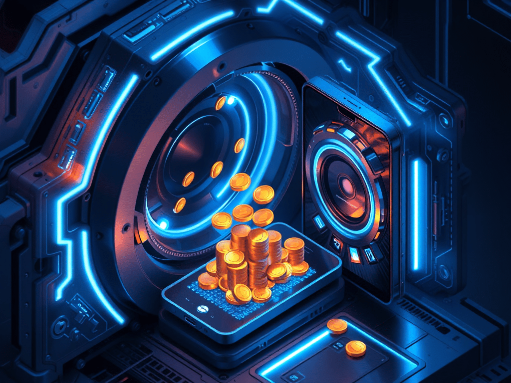 Giao diện bảo mật kỹ thuật số hiện đại với các luồng tiền vàng chuyển động nhanh chóng vào điện thoại tại cổng game Sunwin.