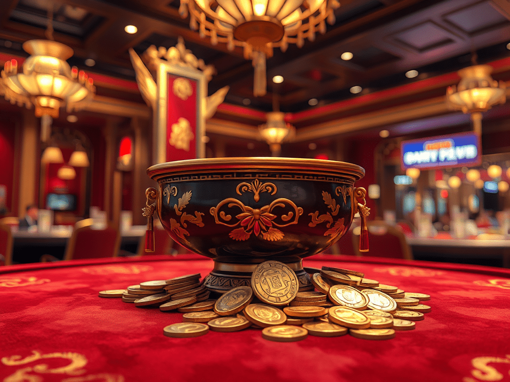 Giao diện trò chơi Xóc Đĩa Sunwin với bát đĩa sứ và các đồng xu trên nền vải nhung đỏ sang trọng trong sòng bài.