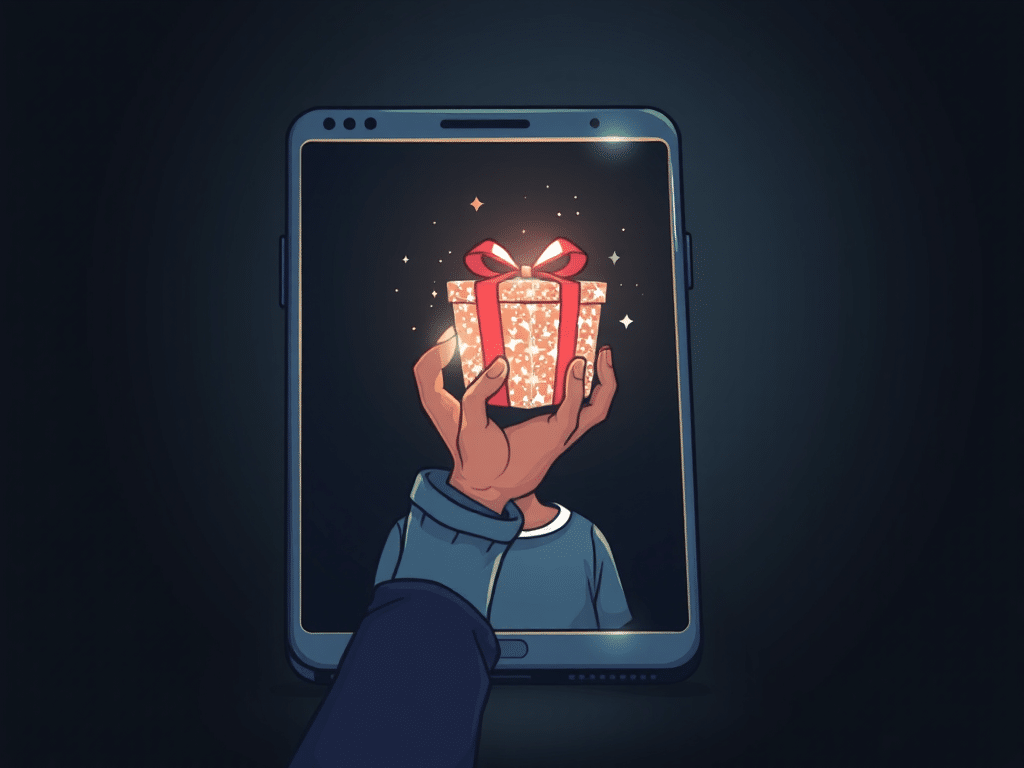 Minh họa người dùng cảnh giác với quà tặng ảo, tượng trưng cho lừa đảo code Sunwin tân thủ mới nhất 2026 và rủi ro trực tuyến.