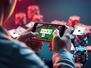 Người chơi đang trải nghiệm game Phỏm Sunwin trên điện thoại thông minh, xung quanh là chip và quân bài, minh họa cho hướng dẫn chơi Phỏm Sunwin ăn tiền.