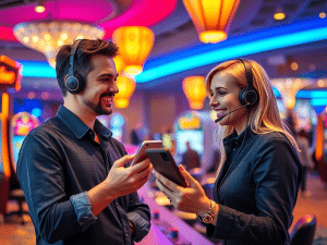 Nhân viên hỗ trợ khách hàng Sunwin đang giúp đỡ người chơi trên điện thoại di động, thể hiện sự tận tâm và chuyên nghiệp của hệ thống hỗ trợ.