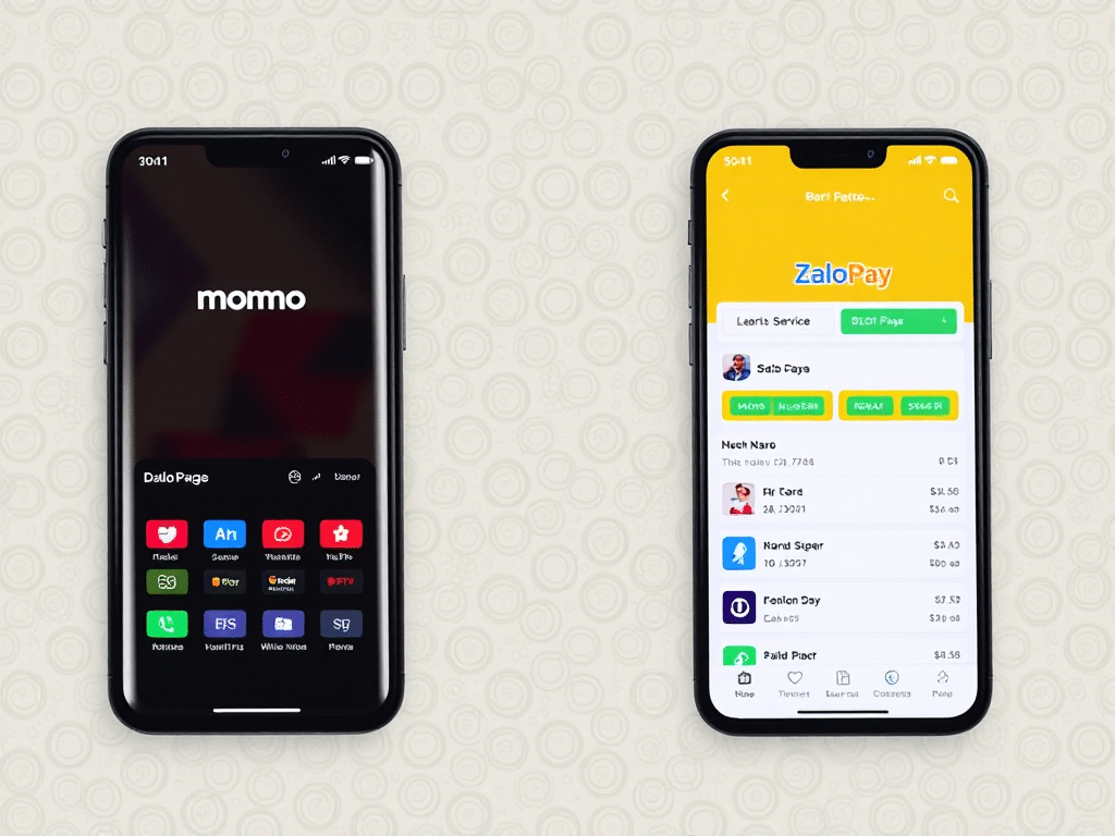 So sánh giao diện Momo và ZaloPay trên điện thoại, minh họa **phương thức nạp tiền Sunwin qua ví điện tử 2026** tiện lợi hơn chuyển khoản ngân hàng.