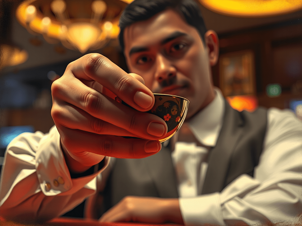 Tay của người chia bài Xóc Đĩa Sunwin đang xóc đĩa điêu luyện, ánh sáng sòng bạc mờ ảo, hình ảnh minh họa mẹo chơi.