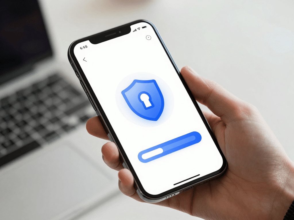 Bàn tay cầm iPhone hiển thị màn hình tải và cài đặt app Sunwin cho iOS với thanh tiến trình và biểu tượng khiên bảo mật an toàn