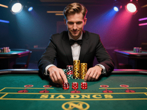 Cao thủ chơi sicbo sunwin tung xúc xắc trên bàn casino sang trọng, chồng chip vàng thắng lớn, ánh sáng rực rỡ và không khí hồi hộp chuyên nghiệp