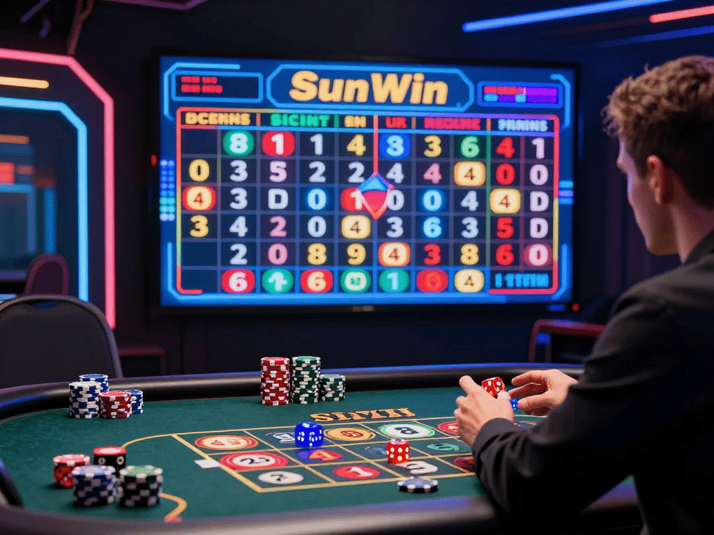 Cao thủ sicbo sunwin kinh nghiệm chơi phân tích bảng lịch sử phiên 2026 trên màn hình kỹ thuật số, xúc xắc và chip casino xung quanh bàn sòng bạc hiện đại