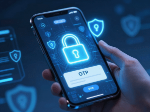 Điện thoại thông minh hiển thị màn hình xác thực mã OTP bảo mật tài khoản Sunwin 2026 với ổ khóa và khiên bảo vệ, phong cách cyber security hiện đại