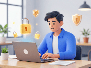 Doanh nhân tự tin đăng ký đại lý Sunwin chiết khấu cao trên laptop với biểu tượng khóa bảo mật, văn phòng hiện đại sáng sủa