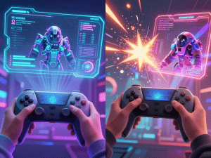 Hình ảnh màn hình chia đôi so sánh sunwin so với b52 club 2026 về đồ họa 3D sống động và hệ nhiệm vụ tương tác với ánh sáng neon rực rỡ