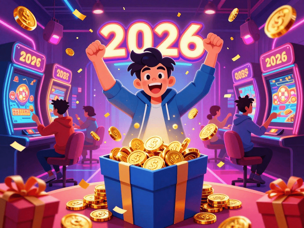 Hình ảnh minh họa sự kiện tặng quà Sunwin nổi bật 2026 với game thủ mở hộp quà đồng xu vàng, ánh sáng neon lễ hội sôi động, mã code 20k 50k