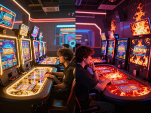 Hình ảnh so sánh sunwin so với hit club 2026: hai sòng bạc game tương lai chia màn hình, máy slot vàng bên trái, bàn bài đỏ bên phải, game thủ cân nhắc dưới ánh neon rực rỡ