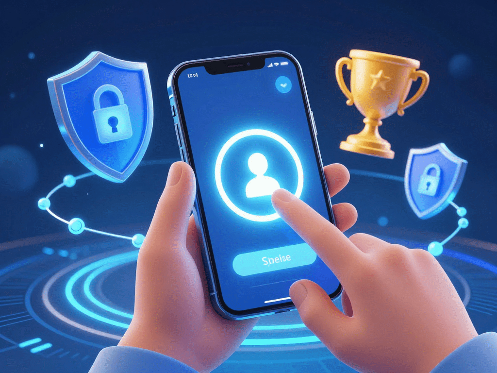 Hình minh họa cách liên kết số điện thoại Sunwin trên smartphone, tay người dùng chạm màn hình kết nối biểu tượng khóa bảo mật và phần thưởng hấp dẫn