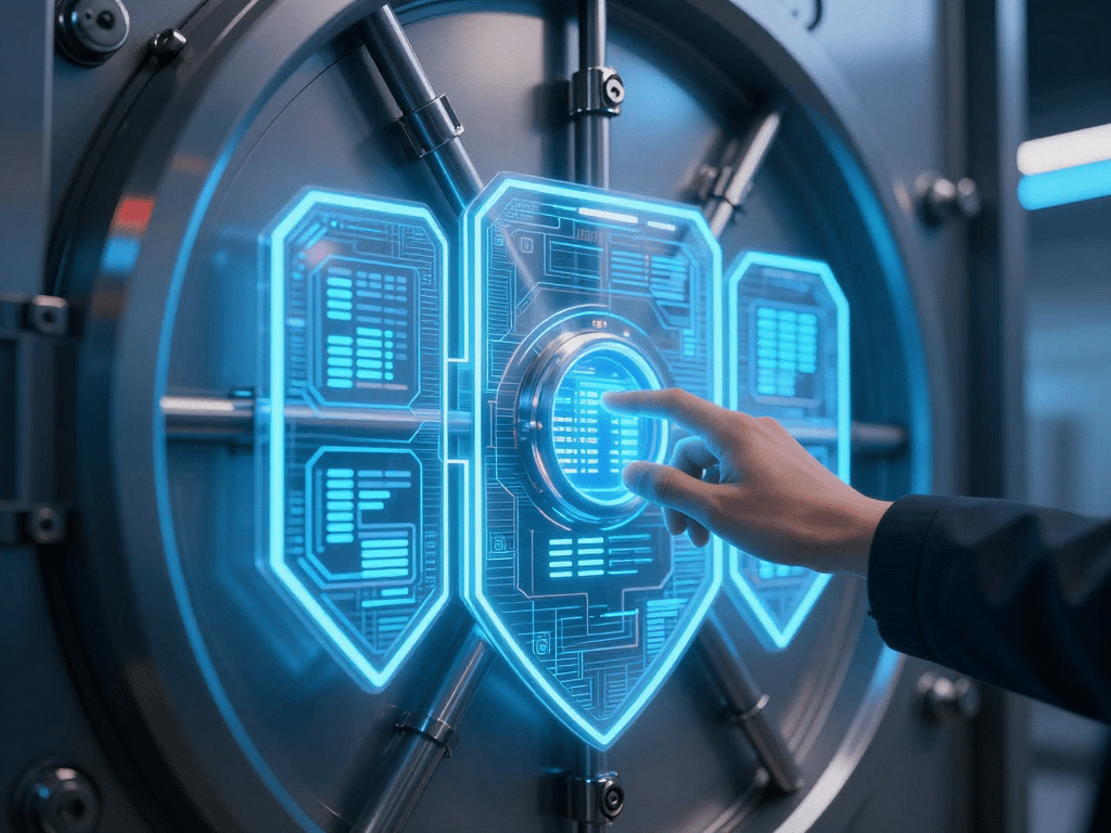 Hình minh họa két sắt kỹ thuật số với lớp giáp bảo mật đa tầng và mật khẩu cấp 2 Sunwin, tay thiết lập khóa an toàn trên giao diện holographic