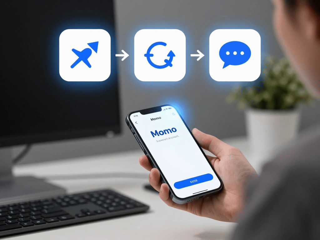Hình minh họa người dùng smartphone thực hiện quy trình 3 bước xử lý lỗi sunwin nạp tiền qua momo bị lỗi với biểu tượng kiểm tra mạng, làm mới app, hỗ trợ