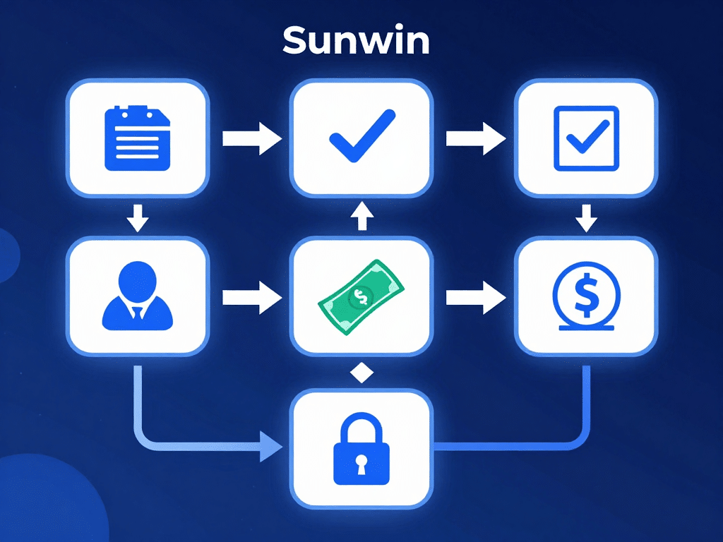Hình minh họa quy trình xét duyệt rút tiền Sunwin với các biểu tượng yêu cầu, kiểm tra, phê duyệt và chuyển khoản trên giao diện kỹ thuật số hiện đại