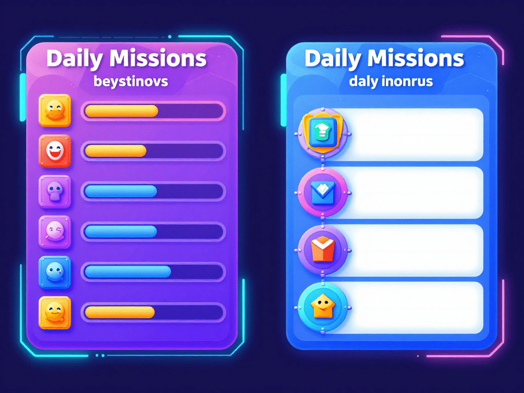 Hình minh họa so sánh hệ thống nhiệm vụ hàng ngày Sunwin so với B52 Club 2026, hai giao diện game chia đôi với biểu tượng nhiệm vụ, thanh tiến độ và phần thưởng neon.