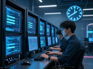 Kỹ thuật viên IT bảo trì máy chủ Sunwin trong trung tâm dữ liệu hiện đại, màn hình sáng hiển thị tiến độ cập nhật và đồng hồ kỹ thuật số lớn