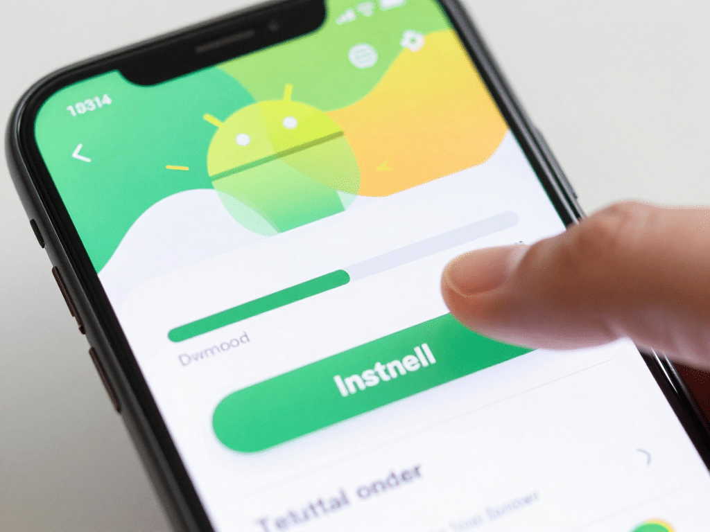 Màn hình điện thoại Android hiển thị quá trình tải và cài đặt Sunwin APK cho Android 2026, ngón tay chạm nút cài đặt ứng dụng