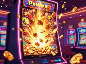 Máy slot nổ hũ sunwin jackpot 2026 phun trào vàng xu khổng lồ, ánh sáng neon rực rỡ, không khí sòng bạc sang trọng sôi động