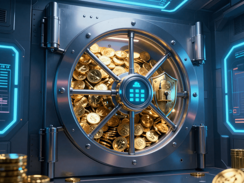 Minh họa két sắt kỹ thuật số bảo mật tài khoản Sunwin 2026 chứa tiền vàng, khóa điện tử và khiên chắn bảo vệ số dư an toàn tuyệt đối