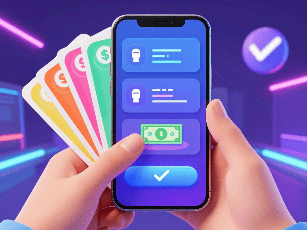 Minh họa quy trình sunwin nạp tiền bằng thẻ cào 2026 với tay cào mã thẻ, smartphone hiển thị các bước nhập code, nạp tiền và xác nhận thành công