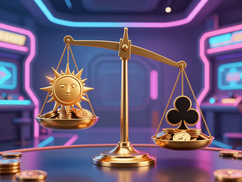 Minh họa so sánh sunwin so với hit club 2026 bằng cán cân vàng với đống xu cao bên biểu tượng mặt trời và thấp hơn bên gậy, sảnh casino neon tương lai