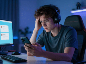 Người chơi game trẻ thất vọng kiểm tra thông báo trống trên điện thoại thông minh không nhận được code Sunwin, phòng ngủ hiện đại ánh sáng xanh, phong cách chân thực