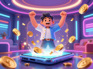 Người chơi phấn khích ăn mừng jackpot lô đề Sunwin tỷ lệ 1 ăn 99 trên điện thoại, tiền vàng và pháo giấy bay tứ tung trong phòng sang trọng hiện đại