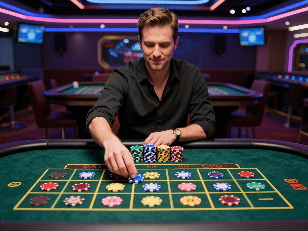 Người chơi sicbo Sunwin chuyên nghiệp đặt cược đa cửa trên bàn cược, quản lý vốn với chồng chip lớn, ánh sáng casino rực rỡ minh họa kinh nghiệm chơi