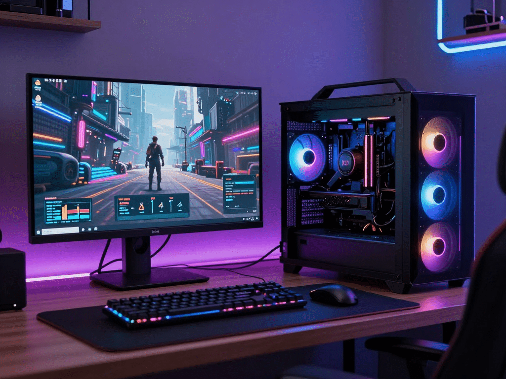 Người chơi tối ưu hiệu suất Sunwin trên máy tính PC 2026, biểu đồ FPS tăng cao trên màn hình, setup gaming hiện đại với đèn RGB rực rỡ