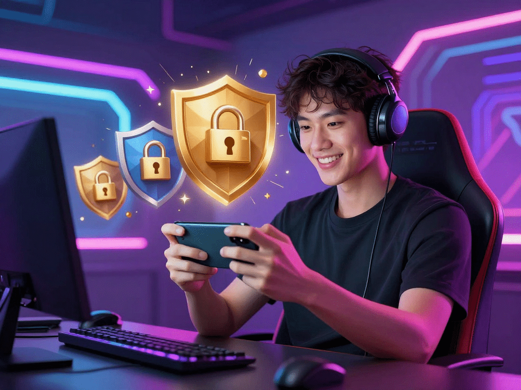 Người chơi tự tin cầm điện thoại nhận khuyến mãi sunwin mới nhất 2026 an toàn với khiên bảo vệ và khóa, thiết lập chơi game hiện đại rực rỡ