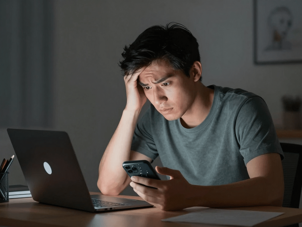 Người đàn ông trẻ lo lắng trước laptop hiển thị màn hình đăng nhập Sunwin, cầm điện thoại hỏng bên cạnh, minh họa quên mật khẩu sunwin phải làm sao