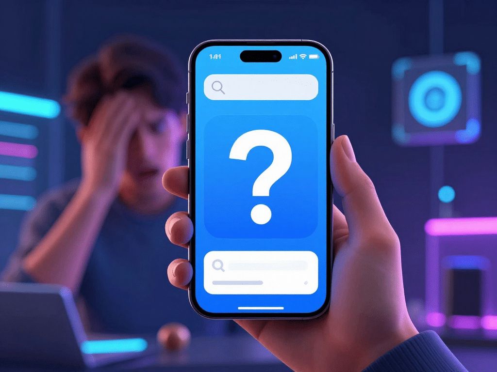 Người dùng bối rối kiểm tra sunwin có app trên appstore không trên màn hình iPhone, kết quả trống với dấu chấm hỏi lớn trong không gian công nghệ 2026.