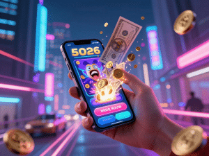 Người dùng cầm điện thoại hiển thị rút tiền Sunwin nhanh chóng 2026, tiền xu hóa đơn bay ra với hiệu ứng tốc độ, nền công nghệ neon tương lai rực rỡ