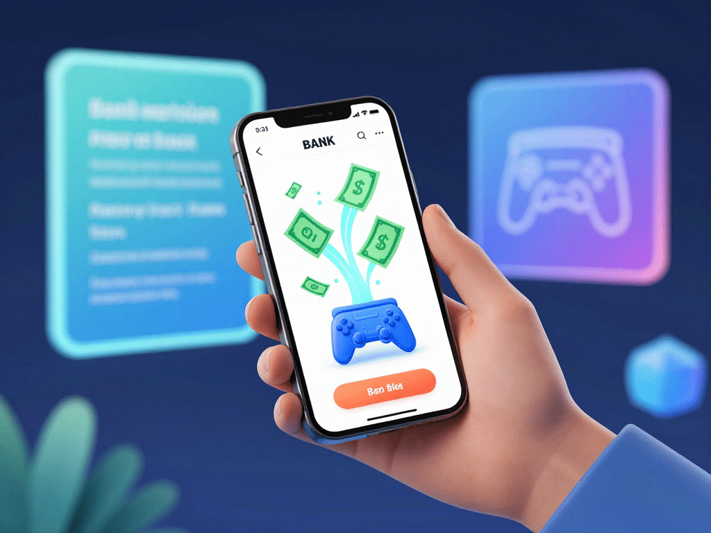 Người dùng cầm điện thoại hiển thị ứng dụng ngân hàng nạp tiền Sunwin qua ngân hàng tự động, biểu tượng tiền xu chảy vào nền tảng, giao diện hiện đại sáng sủa