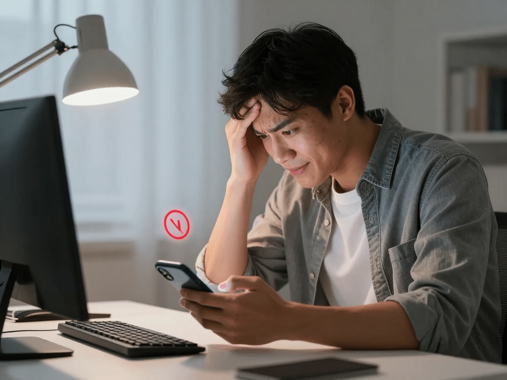 Người dùng đang khắc phục sunwin bị lỗi không vào được trên điện thoại thông minh tại bàn làm việc hiện đại, từ biểu tượng lỗi đỏ đến thành công nhanh chóng