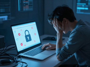 Người dùng gặp sunwin bị lỗi không vào được trên laptop, màn hình hiển thị biểu tượng khóa và tín hiệu lỗi đỏ, dây cáp mạng rối, không khí khắc phục sự cố