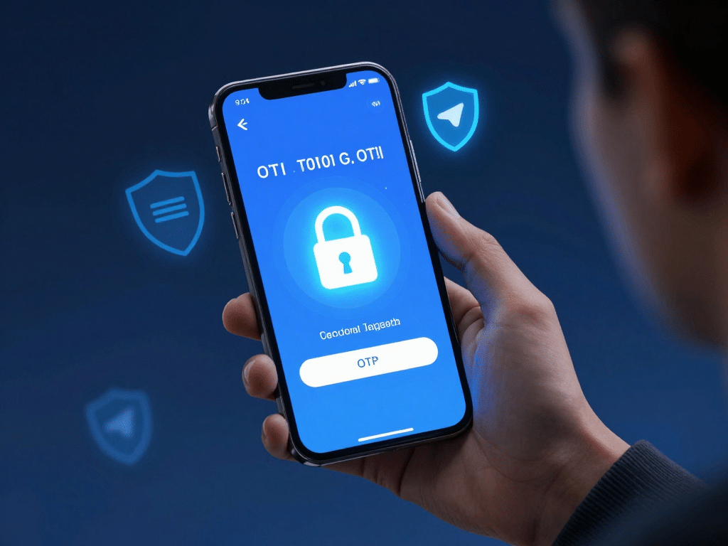Người dùng kích hoạt mã OTP trên Telegram với điện thoại thông minh, khóa bảo mật bảo vệ tài khoản Sunwin 2026, hình ảnh minh họa kỹ thuật số hiện đại