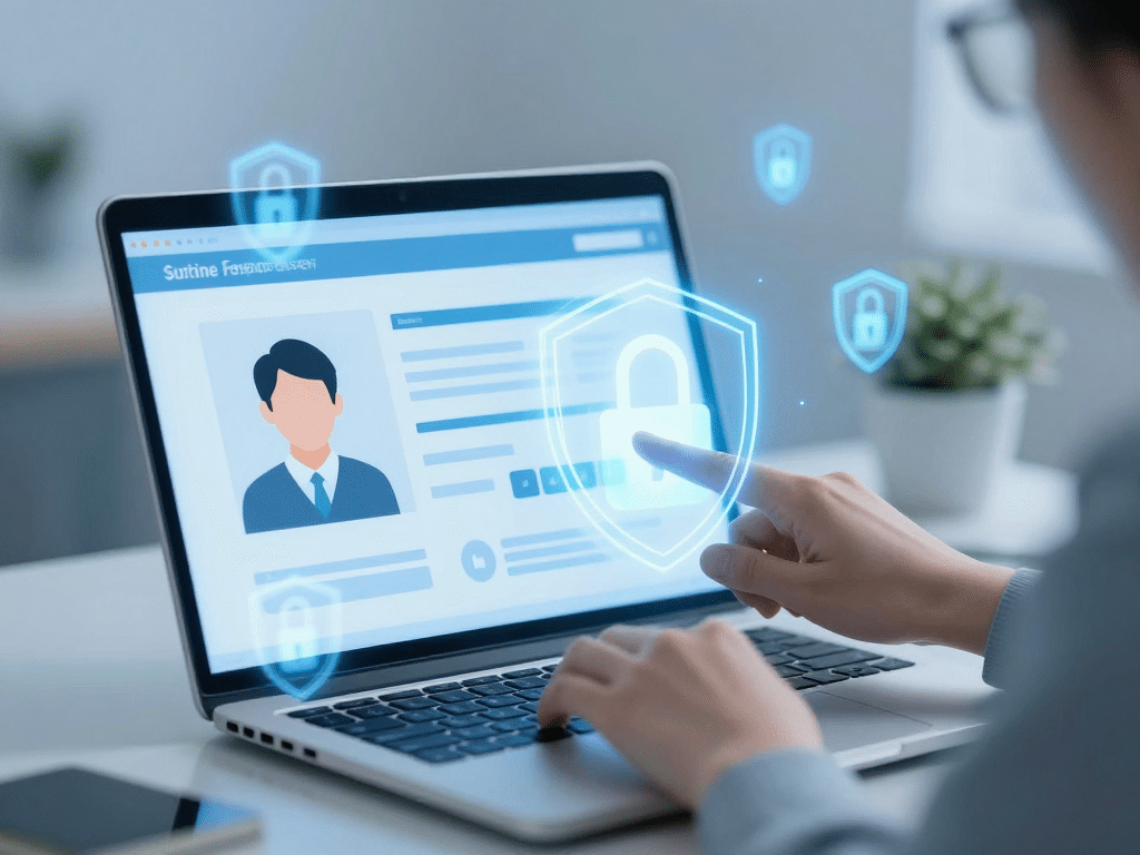 Người dùng nhập thông tin chính chủ an toàn trên laptop khi cách đăng ký tài khoản Sunwin, biểu tượng khóa và khiên bảo vệ dữ liệu cá nhân