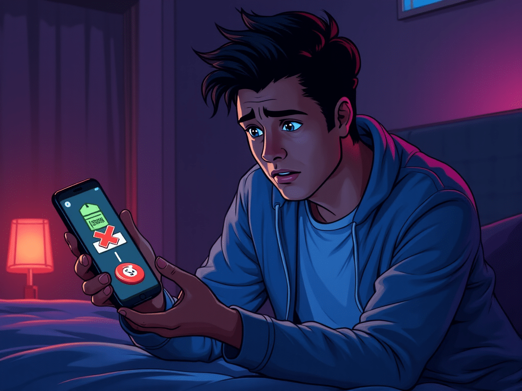 Người dùng thất vọng cầm điện thoại hiển thị lỗi sunwin nạp tiền qua momo bị lỗi, biểu tượng chuyển tiền thất bại với dấu X đỏ chặn đường