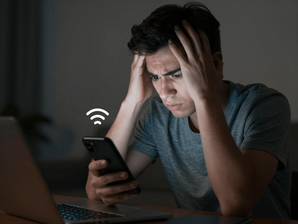 Người dùng trẻ bực tức cầm điện thoại thông minh kiểm tra thông báo trống, không tín hiệu mạng và WiFi yếu trong phòng mờ tối