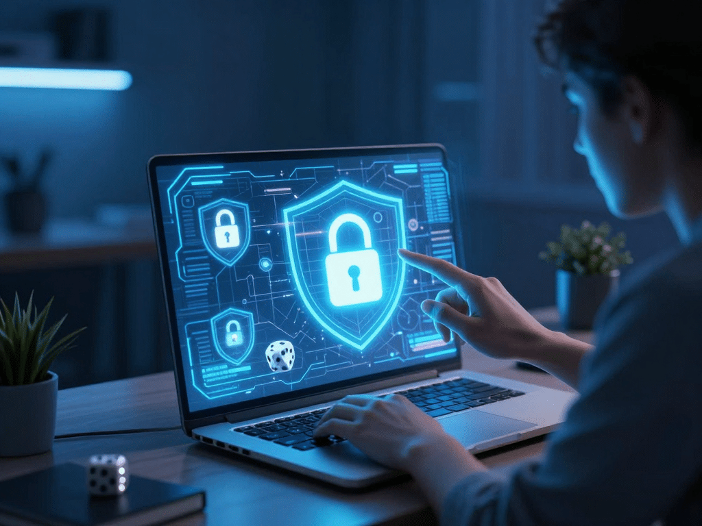 Người dùng truy cập an toàn xóc đĩa sunwin trực tuyến trên laptop với khóa và khiên bảo mật phát sáng, không gian văn phòng gia đình tương lai 2026