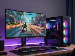 Thiết lập máy tính PC gaming hiện đại tải Sunwin cho máy tính PC 2026, game chạy mượt mà trên màn hình lớn với ánh sáng RGB rực rỡ, phong cách tương lai