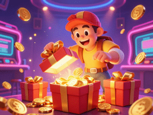 Thợ săn kho báu phấn khích mở hộp quà lấp lánh chứa xu vàng trong sòng bạc ảo neon rực rỡ, không khí sự kiện mã code Sunwin sôi động