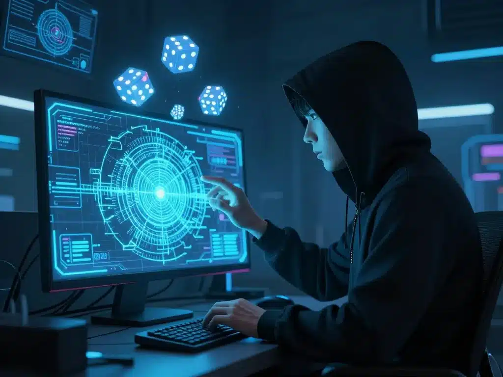 Cao thủ ẩn danh phân tích thuật toán MD5 soi cầu tài xỉu Sunwin trên màn hình công nghệ cao với xúc xắc phát sáng, phong cách cyberpunk hiện đại 2026