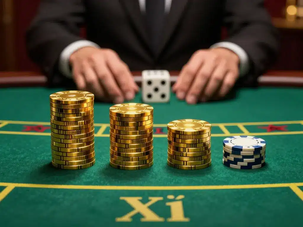 Cao thủ sắp xếp chồng chip vàng theo tỷ lệ 1-3-2-4 trên bàn tài xỉu Sunwin, không khí sòng bạc huyền bí với xúc xắc và ánh sáng vàng ấm áp