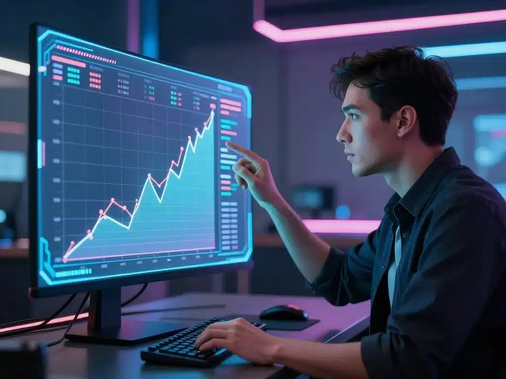 Chuyên gia phân tích biểu đồ soi cầu Sunwin chuẩn xác nhất 2026 trên màn hình holographic trong phòng công nghệ cao, ánh sáng neon rực rỡ