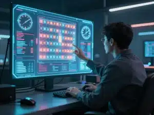 Chuyên gia soi cầu Sunwin chuẩn xác nhất 2026 phân tích biểu đồ số và đồng hồ khung giờ trên màn hình holographic trong phòng công nghệ cao.