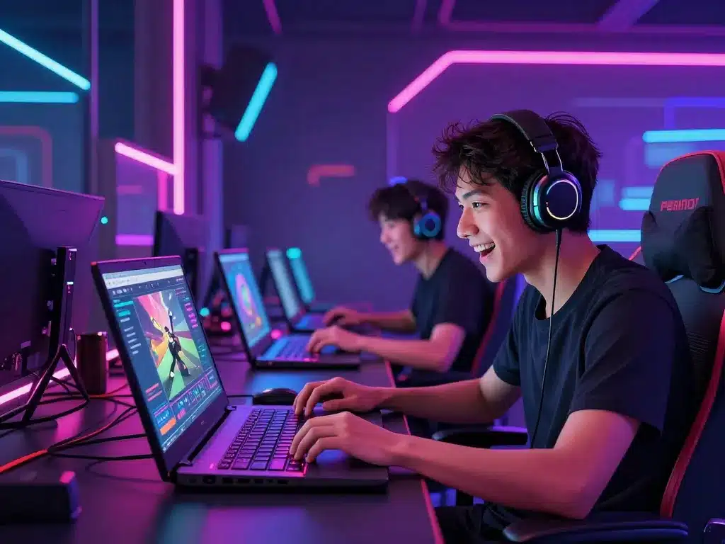 Game thủ hào hứng trải nghiệm Sunwin bản web 2026 mượt mà trên laptop trong phòng gaming hiện đại, ánh sáng neon rực rỡ, không cần cài đặt